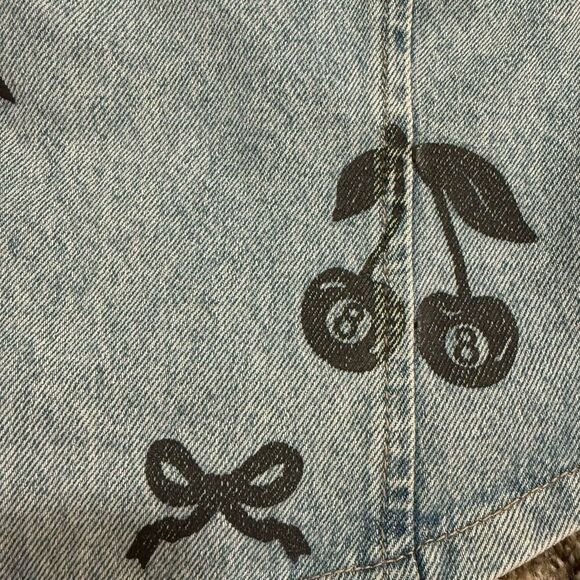 Forever 21 Blue Denim Printed Tube Top Cherry Y2K Medium Light - Picture 3 of 8